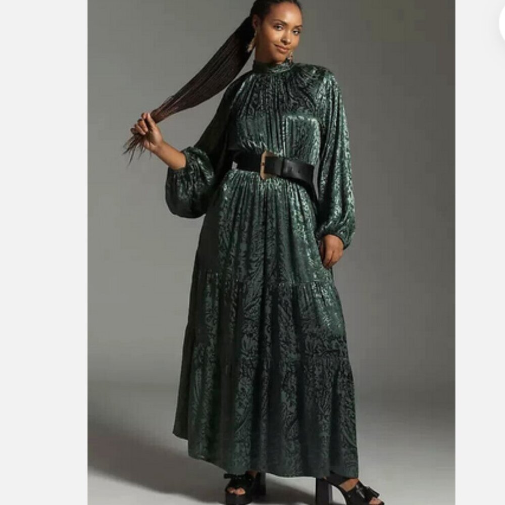Anthropologie The Somerset Maxi Dress Mock-Neck Edition Green XL Nwt Long Sleeve